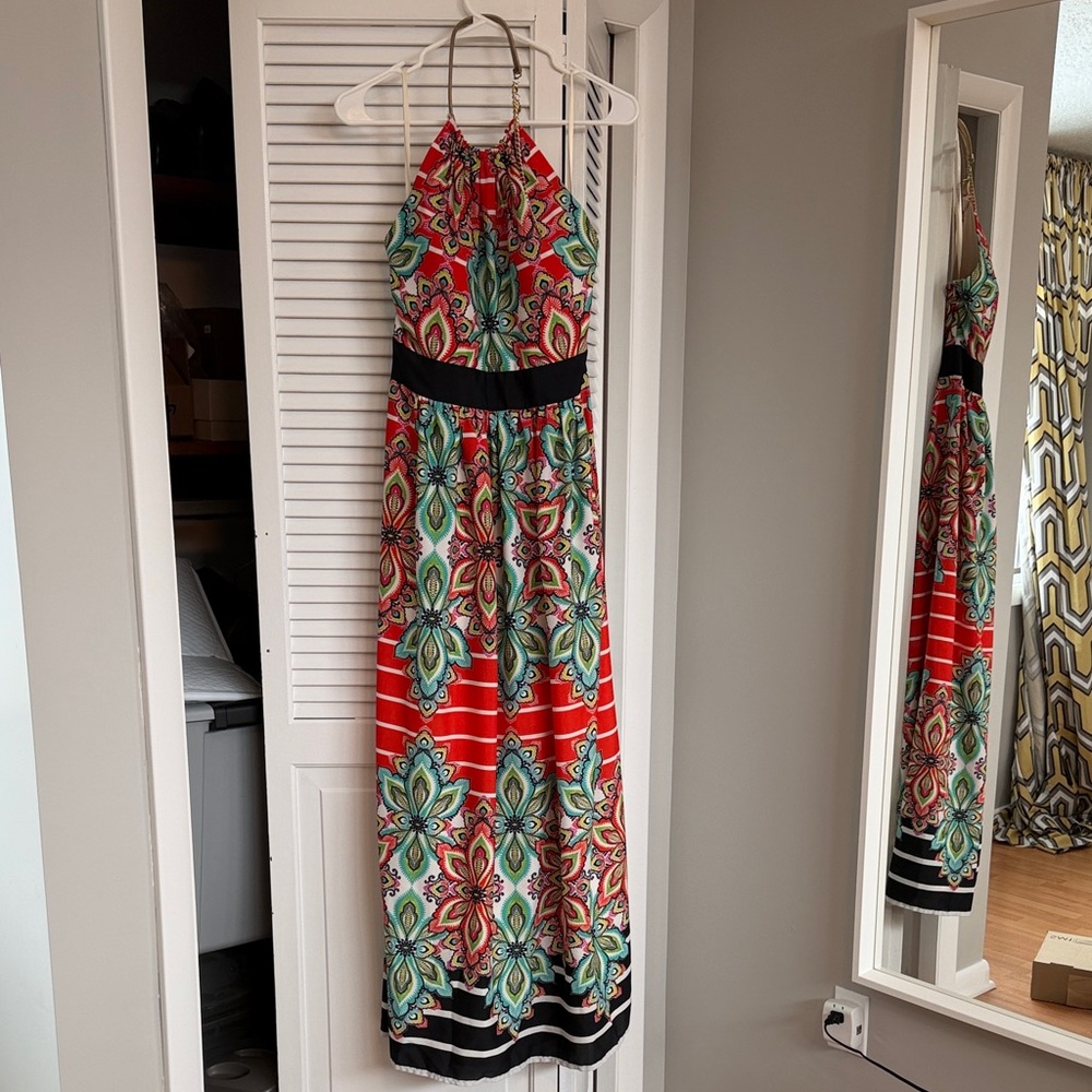 Eliza J Orange and Dark Navy Floral Maxi Dress.